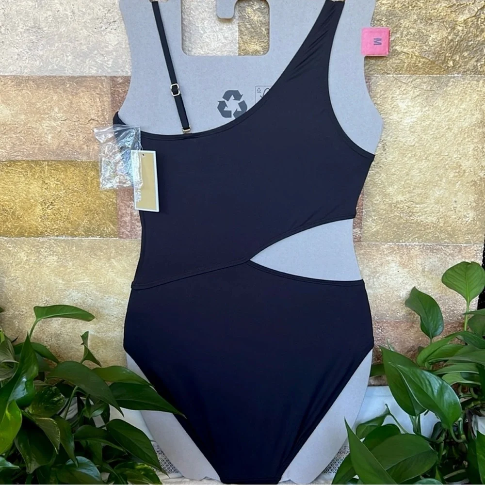 NEW Michael Kors One Shoulder O-Ring Black Cut-Out One Piece Swimsuit, Size 8
